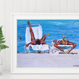 Couple on the Beach Fine Art Print 8x10, Caribbean Sea, Sunbathers Painting by Gwen Meyerson image 2