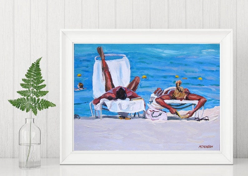 Couple on the Beach Fine Art Print 8x10, Caribbean Sea, Sunbathers Painting by Gwen Meyerson image 2