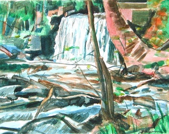 Waterfall Watercolor Painting Print. Landscape Painting, Trees, Forest, Foliage, Hiking Nature Art. Gwen Meyerson