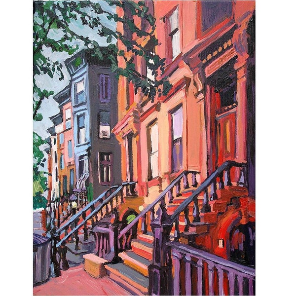 Park Slope Painting. Brooklyn Peach Brownstones,  NYC Living Room Decor. Architectural New York Cityscape  Gwen Meyerson