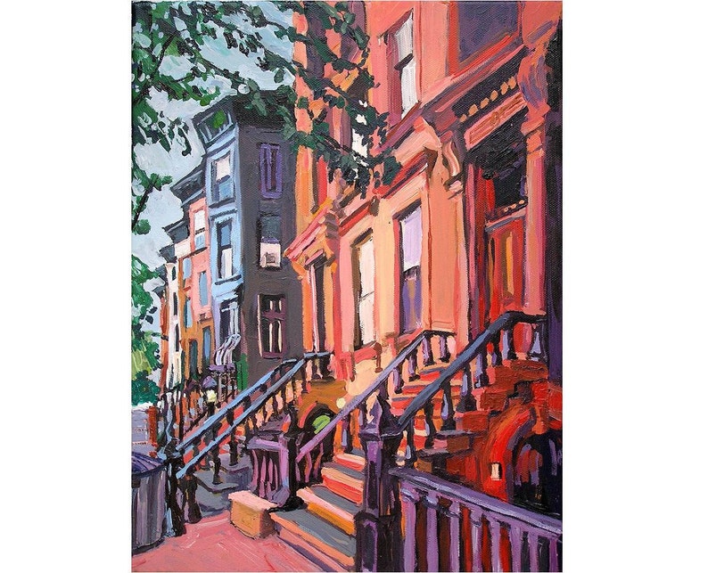 Park Slope Painting. Brooklyn Peach Brownstones, NYC Living Room Decor. Architectural New York Cityscape Gwen Meyerson image 1