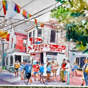 May include: Watercolor painting of a street scene with a restaurant called "Dexter Pot Steaks" and people walking by. The building is painted in shades of red and white, and there are rainbow flags hanging overhead.