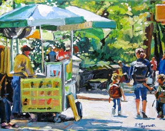 NYC Painting, New York Wall Art. Central Park Vendor, hot dog cart Wall Decor Art Print, Cityscape Painting by Gwen Meyerson