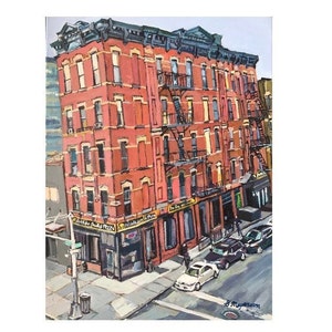 Chelsea and Meatpacking Districts, West 17th Street from the High Line. NYC Cityscape Painting. Artichoke Pizza.  Gwen Meyerson