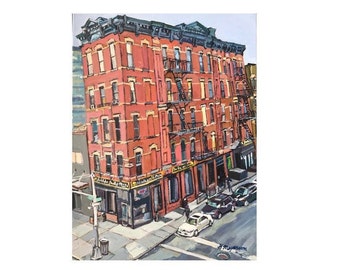 Chelsea and Meatpacking Districts, West 17th Street from the High Line. NYC Cityscape Painting. Artichoke Pizza.  Gwen Meyerson