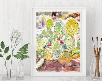 Southwestern Art Print. Living Room Decor. Cactus Watercolor. Succulents Botanical Painting. Gwen Meyerson