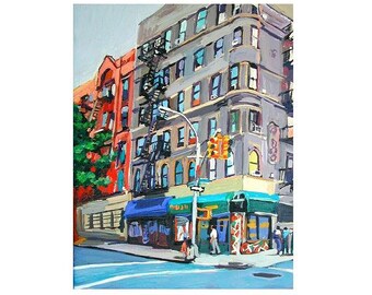 Peinture Bodega d'angle, paysage urbain des bâtiments de la ville de New York. Peinture murale paysage urbain de New York par Gwen Meyerson