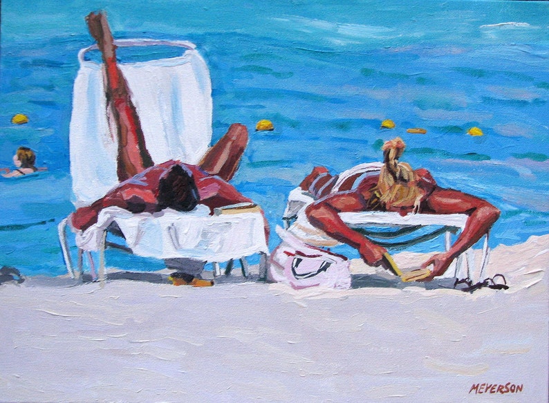 Couple on the Beach Fine Art Print 8x10, Caribbean Sea, Sunbathers Painting by Gwen Meyerson image 3