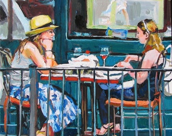 Cafe Painting.  Friendship. Gift for Friend, Women at Restaurant. Dining Greenwich Village Painting by Gwen Meyerson
