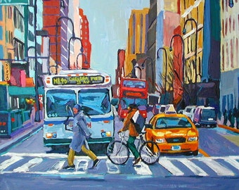 May include: A painting of a city street scene with a blue and white bus, a yellow taxi, and a red double-decker bus. The bus is labeled "M14D Chelsea Pier 11 Av".