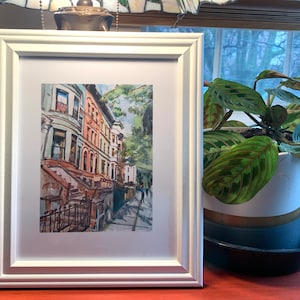 Brooklyn Brownstone watercolor. Park Slope Neighborhood. Prospect Heights Painting. Gwen Meyerson 5x7 in white frame inches