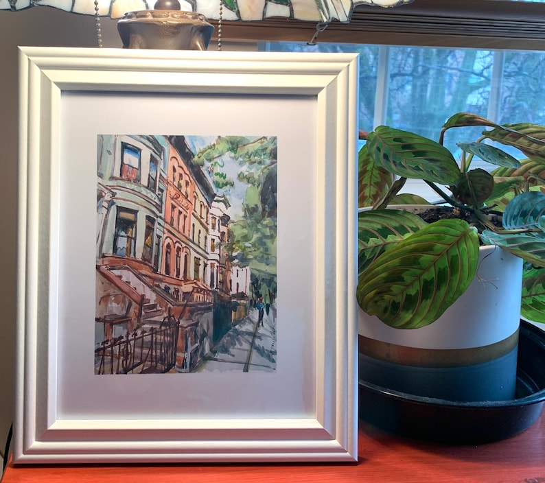 Brooklyn Brownstone watercolor. Park Slope Neighborhood. Prospect Heights Painting. Gwen Meyerson 5x7 in white frame inches