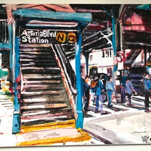 Astoria Queens NYC Watercolor Painting Subway Art LIC Train Stop by Gwen Meyerson 13x19