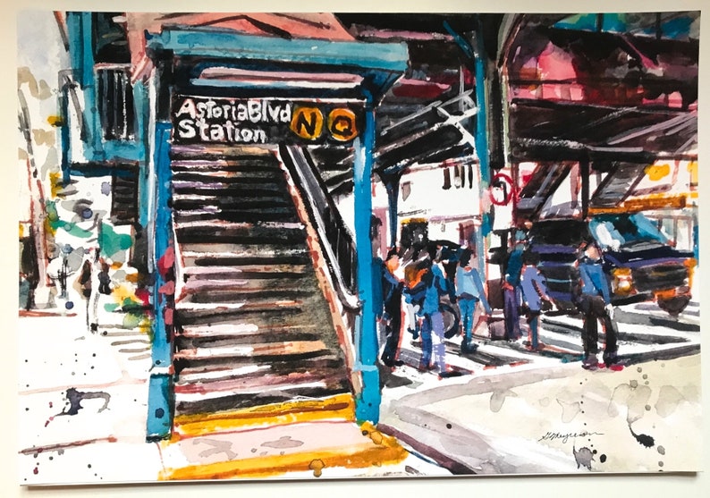 Astoria Queens NYC Watercolor Painting Subway Art LIC Train Stop by Gwen Meyerson 13x19