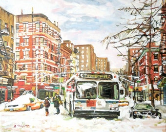 NYC Art Print. New York Art. NYC Painting. Winter  East Village In Snow 8x10, 11x14 or 12x16. lower east side.  Gwen Meyerson