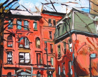 Architecture Red Buildings, West Village, NYC Cityscape, Manhattan, NYC Art, Barrow Street, Commerce Street, Painting by Gwen Meyerson