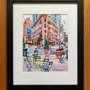 Meatpacking District Plaza, Chelsea Market New York NYC Art, Living Room Decor Art Print Cityscape. pink New York Painting Gwen Meyerson 8x10 in black frame