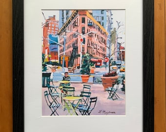 Meatpacking District Plaza, Chelsea Market New York  NYC Art, Living Room Decor Art Print Cityscape. pink New York Painting Gwen Meyerson