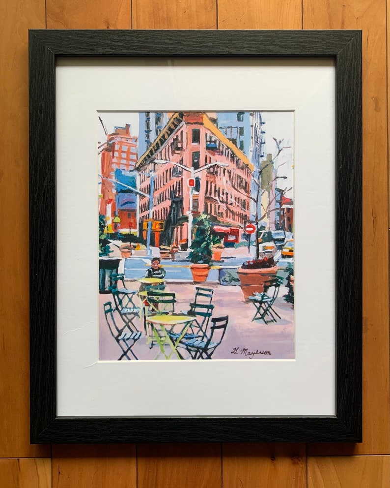 Meatpacking District Plaza, Chelsea Market New York NYC Art, Living Room Decor Art Print Cityscape. pink New York Painting Gwen Meyerson 8x10 in black frame
