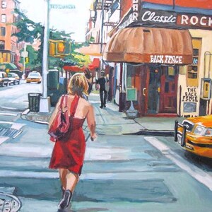 NYC Painting. New York Art Print. Living Room Decor. Red Dress On Bleecker Street, The Back Fence Painting by Gwen Meyerson image 2