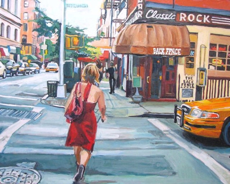 NYC Painting. New York Art Print. Living Room Decor. Red Dress On Bleecker Street, The Back Fence Painting by Gwen Meyerson image 2