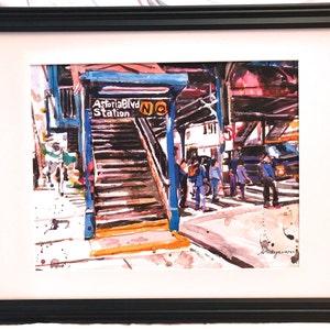Astoria Queens NYC Watercolor Painting Subway Art LIC Train Stop by Gwen Meyerson 11x14/Lg black frame