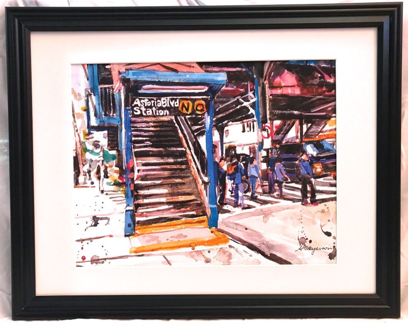 Astoria Queens NYC Watercolor Painting Subway Art LIC Train Stop by Gwen Meyerson 11x14/Lg black frame