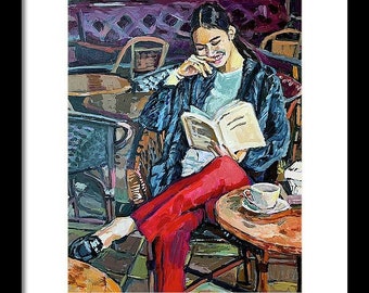 Woman Reading. Coffee Art. Book Lover. Cafe Culture. Interior Figurative Scene. Portrait Painting. Framed Art. Gwen Meyerson