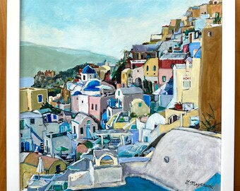 Santorini Greece, Original Acrylic Painting of Oia Travel Art, Greek Islands "Oia Santorini View #1"  Gwen Meyerson