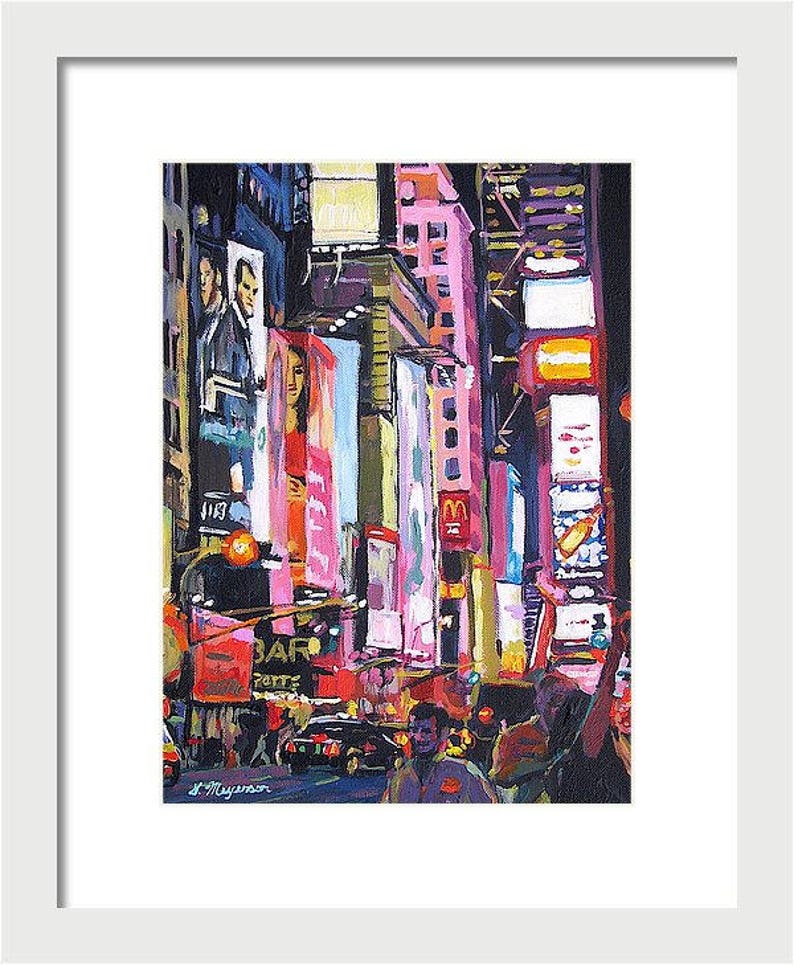 New York Wall Art. NYC Painting. Broadway Times Square Painting Neon Lights by Gwen Meyerson 8x10 in white frame