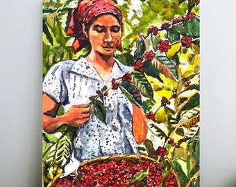 Colombian Woman Picking Coffee Beans. Coffee Picker. Watercolor Print, Colombia South America Gwen Meyerson