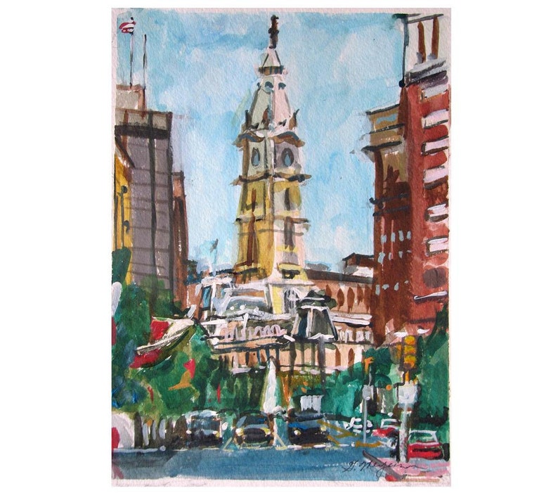 Philadelphia Watercolor Painting. City Hall, Home Decor. Living Room Decor. Philly cityscape. Center City Art Print. Gwen Meyerson image 2