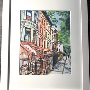 Brooklyn Brownstone watercolor. Park Slope Neighborhood. Prospect Heights Painting. Gwen Meyerson 8x10 in white frame inches