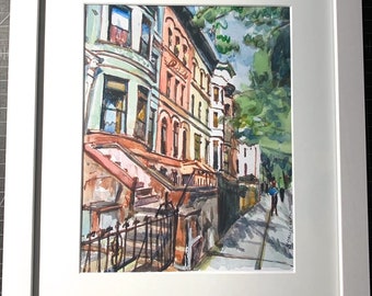 Aquarelle de Brooklyn Brownstone. Quartier Park Slope. Peinture de Prospect Heights. Gwen Meyerson