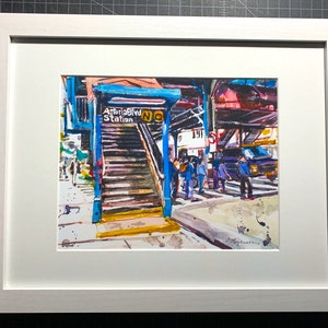 Astoria Queens NYC Watercolor Painting Subway Art LIC Train Stop by Gwen Meyerson 8x10/wh wood frame