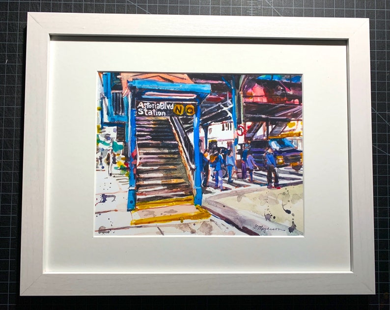 Astoria Queens NYC Watercolor Painting Subway Art LIC Train Stop by Gwen Meyerson 8x10/wh wood frame