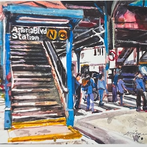 May include: A watercolor painting of the Astoria Blvd Station entrance in New York City. The station sign reads "Astoria Blvd Station NQ". There are stairs leading up to the station and people walking on the sidewalk.