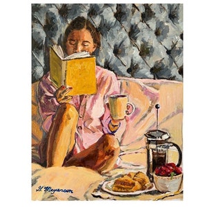 Breakfast in Bed, Morning Coffee Wall Art. Coffee Art. French Press. Bedroom Scene. Figurative Painting. Gwen Meyerson image 2