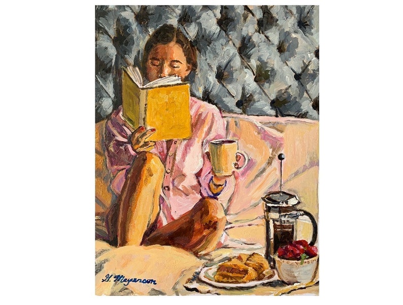 Breakfast in Bed, Morning Coffee Wall Art. Coffee Art. French Press. Bedroom Scene. Figurative Painting. Gwen Meyerson image 2