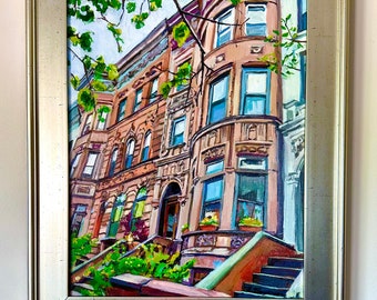 Peinture de Brooklyn de Brownstone, architecture originale de peinture de New York 16x20 paysage urbain. Art urbain. Gwen Meyerson