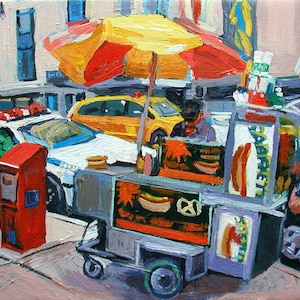 New York City Wall Art Print, NYC Painting. Hot Dog Cart, food vendor, Gwen Meyerson image 1