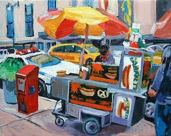 New York City Wall Art Print, NYC Painting.  Hot Dog Cart, food vendor, Gwen Meyerson