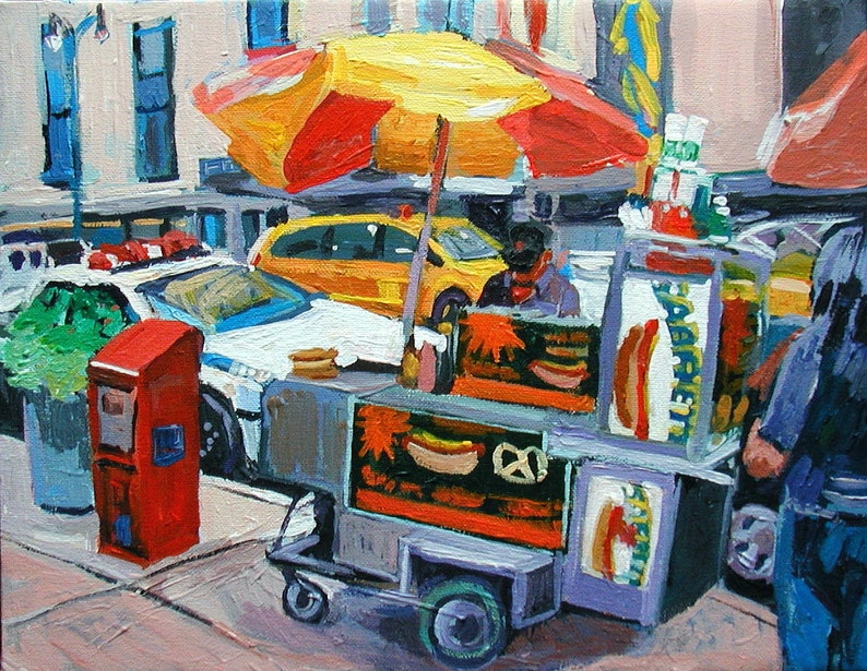 New York City Wall Art Print, NYC Painting. Hot Dog Cart, food vendor, Gwen Meyerson image 1