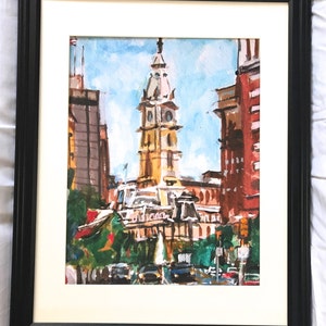 Philadelphia Watercolor Painting. City Hall, Home Decor. Living Room Decor. Philly cityscape. Center City Art Print. Gwen Meyerson Blk Frame 16x20 inches