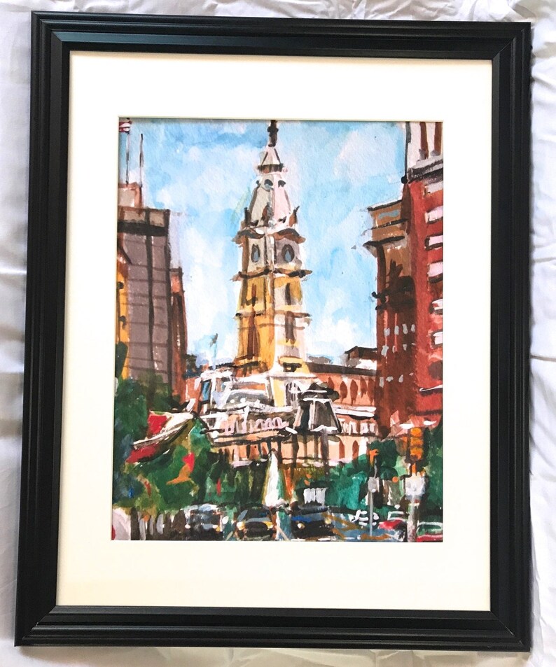 Philadelphia Watercolor Painting. City Hall, Home Decor. Living Room Decor. Philly cityscape. Center City Art Print. Gwen Meyerson Blk Frame 16x20 inches