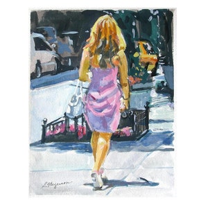 City Girl In Pink Dress, Street Scene, Watercolor painting. NYC Figurative Art, Blond Girl, Living Room Decor, Home Decor. Gwen Meyerson