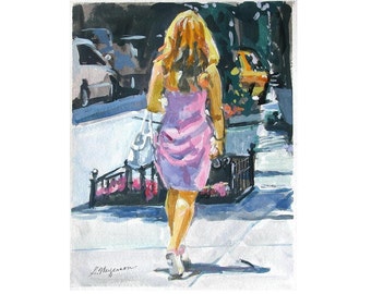 City Girl In Pink Dress, Street Scene, Watercolor painting. NYC Figurative Art, Blond Girl, Living Room Decor, Home Decor. Gwen Meyerson