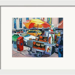 New York City Wall Art Print, NYC Painting. Hot Dog Cart, food vendor, Gwen Meyerson 8x10 framed in white