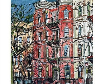 Tableau de Brooklyn, impression aquarelle Bushwick, bâtiments historiques de Brooklyn, décoration de salon Art paysage urbain de New York par Gwen Meyerson