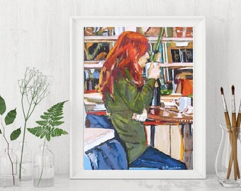 Coffee Art. Redhead in Coffee Shop  Art Print Figurative. Living Room Decor. red Interior painting by Gwen Meyerson